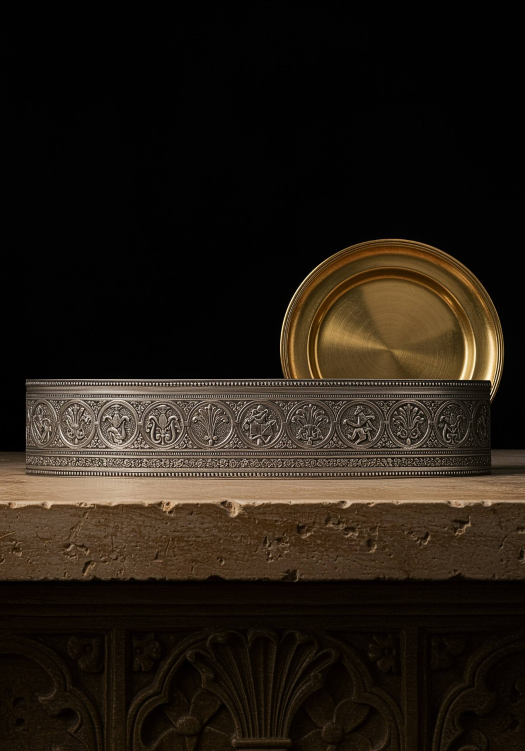 "Still-life de cenefa de plata dorada y placa de respiradero con ornamentación barroca sobre un altar de piedra, iluminado con luz suave."