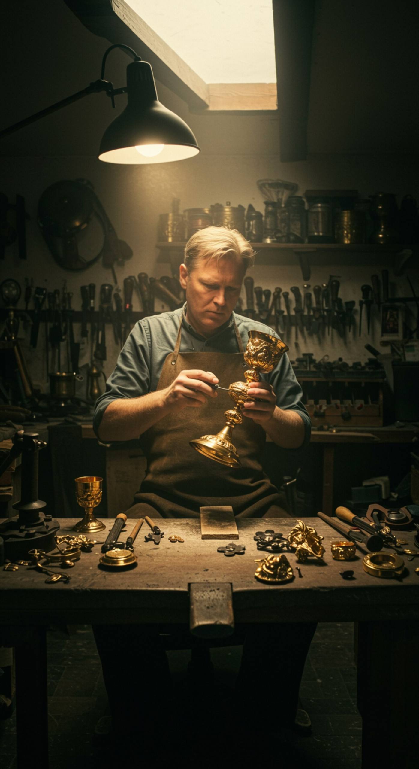 imagen17 "Artesano orfebre elaborando a mano un cáliz litúrgico en su taller, rodeado de herramientas de latón y fragmentos metálicos, iluminado por luz natural."