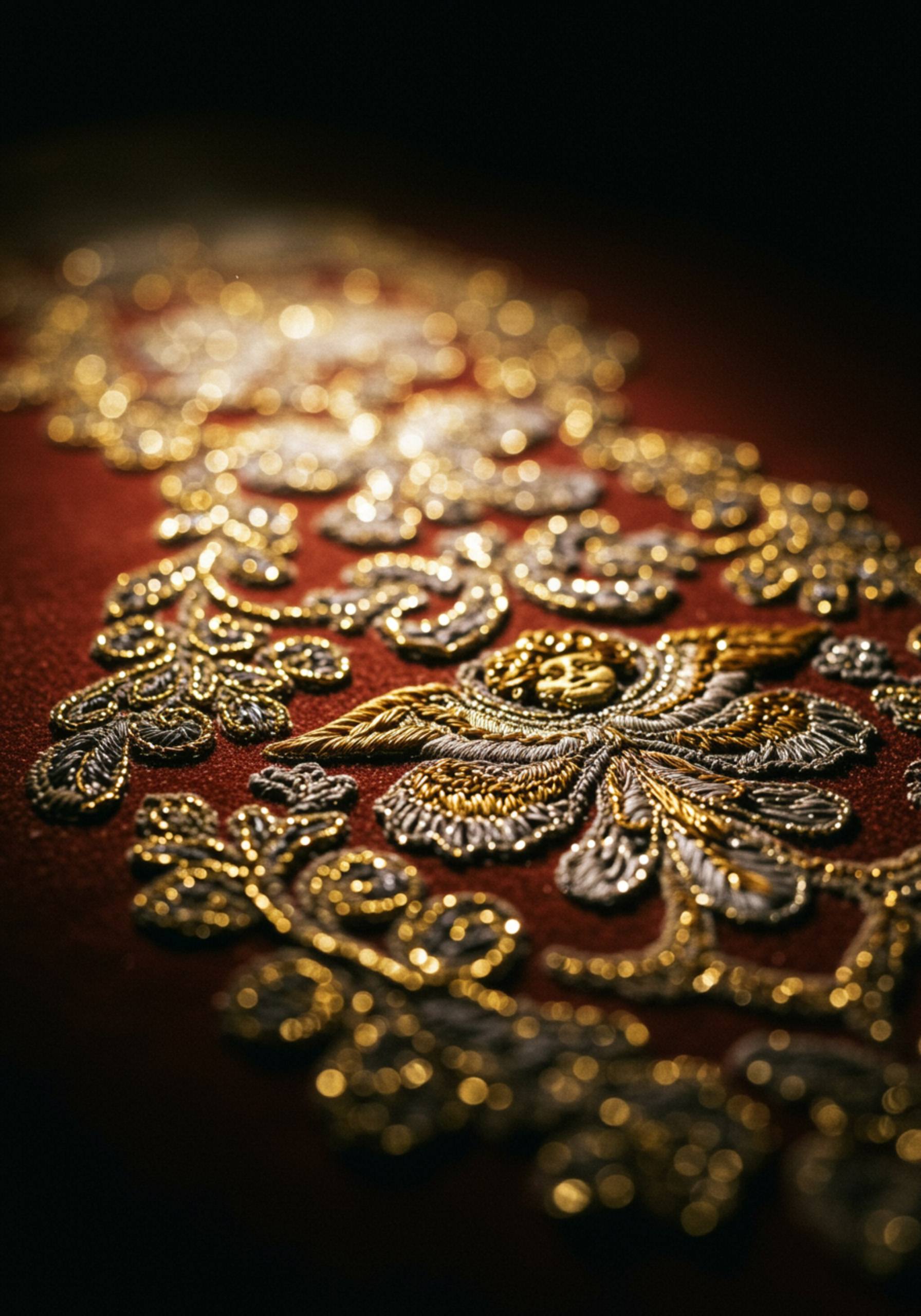 "Primer plano de exquisita bordado palio en terciopelo, con hilos dorados y plateados en motivos florales y angelicales, iluminado suavemente para resaltar su textura."