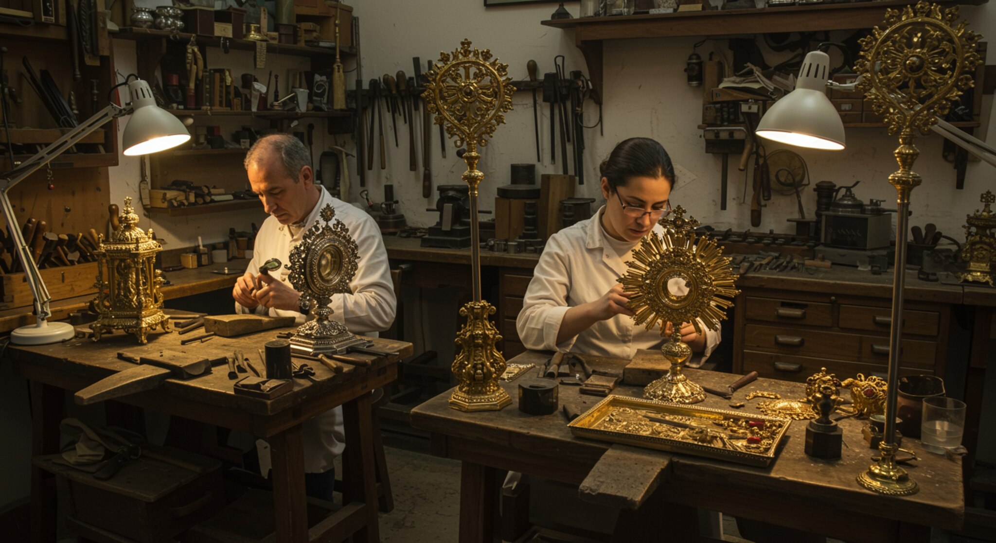 imagen26 3 "Escena en un taller de orfebrería andaluza, donde artesanos restauran piezas religiosas para Semana Santa, iluminados por luz natural en un ambiente de tradición y devoción."