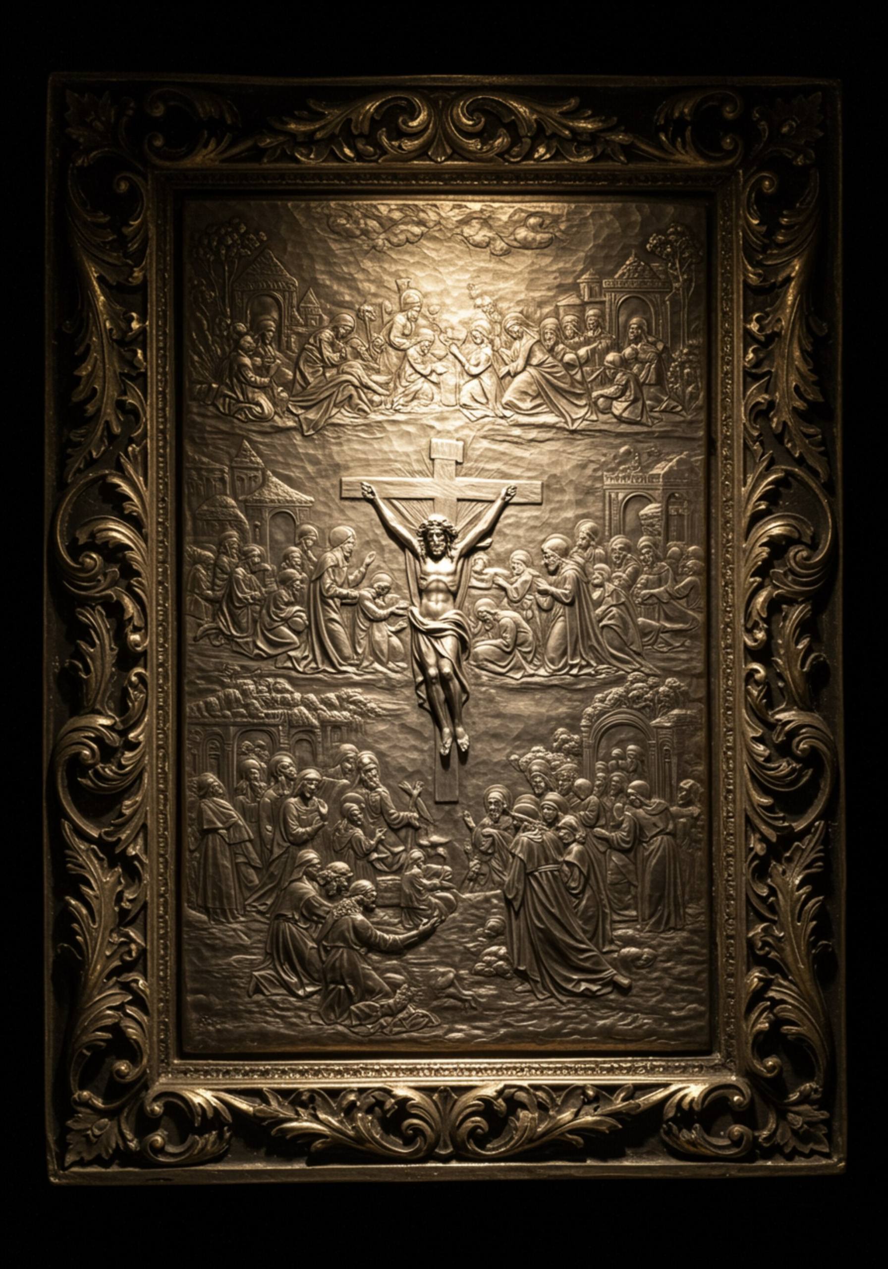 "Panel de respiradero de plata personalizado con relieve de la Pasión de Cristo, rodeado de hojas de acanto, capturado en una fotografía artística que destaca su profundidad y brillo."