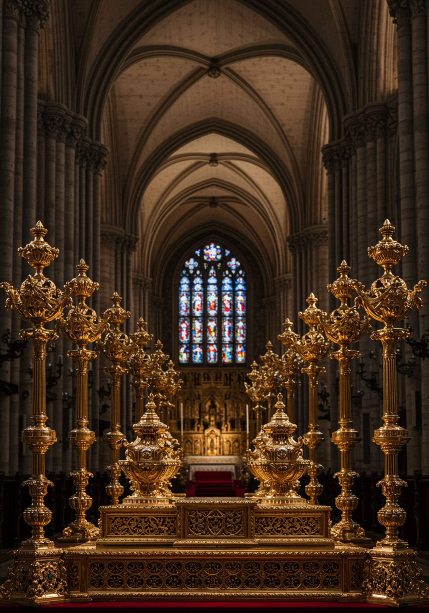 "Varales artesanales de orfebrería con finiales grabados, alineados en la nave de una catedral, reflejando la luz de los altos arcos."